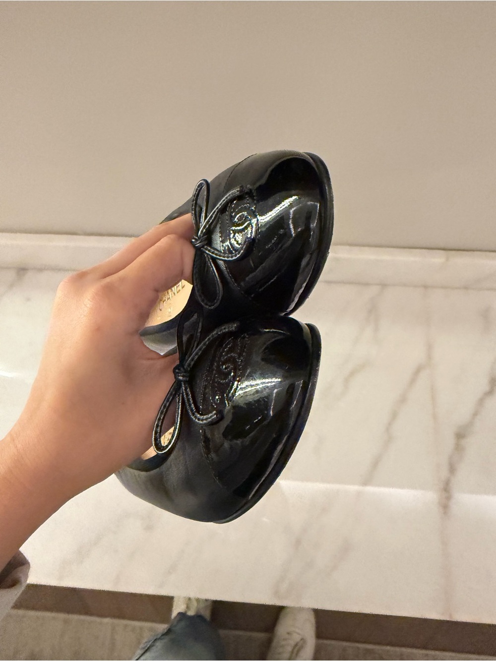 CHANEL Black Leather Ballet Flats with Patent Cap Toe and Bow - Picture 10 of 11